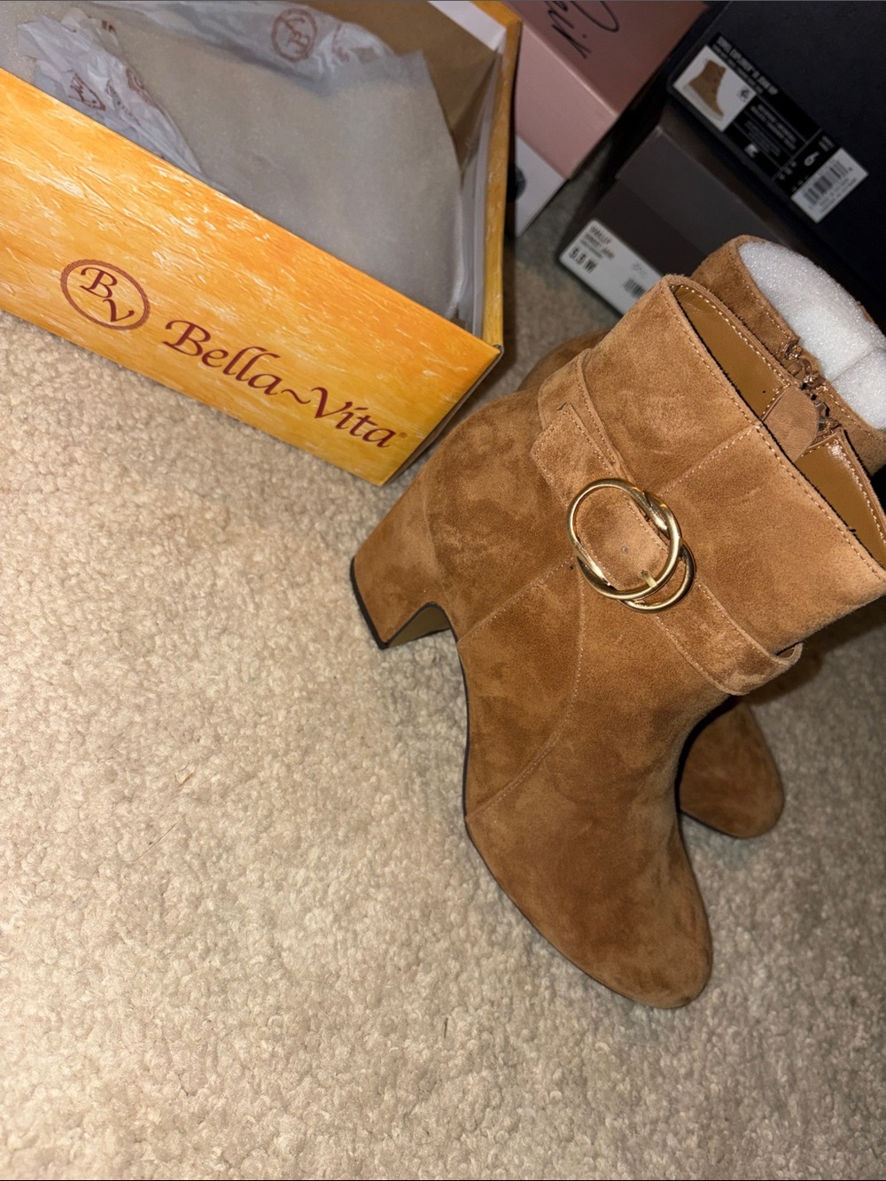 Bella Vita Brown Suede Ankle Booties with Gold Ring Accent